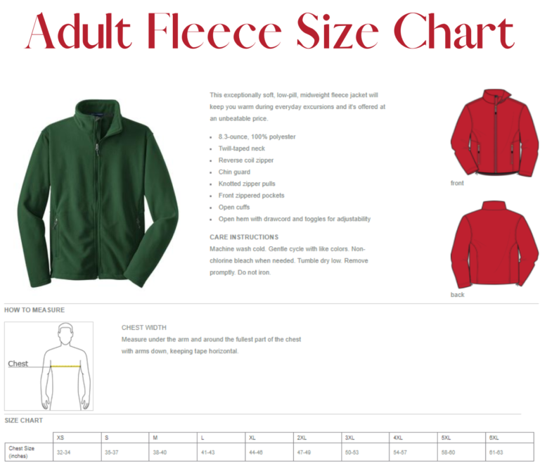 Adult Fleece Size Chart